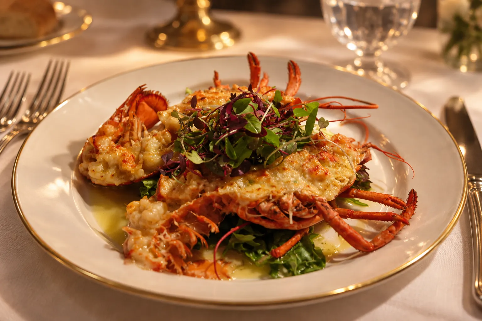 A classic composed dish under a glossy pale sauce on a gold-rimmed porcelain plate set on starched linen with polished silver cutlery behind