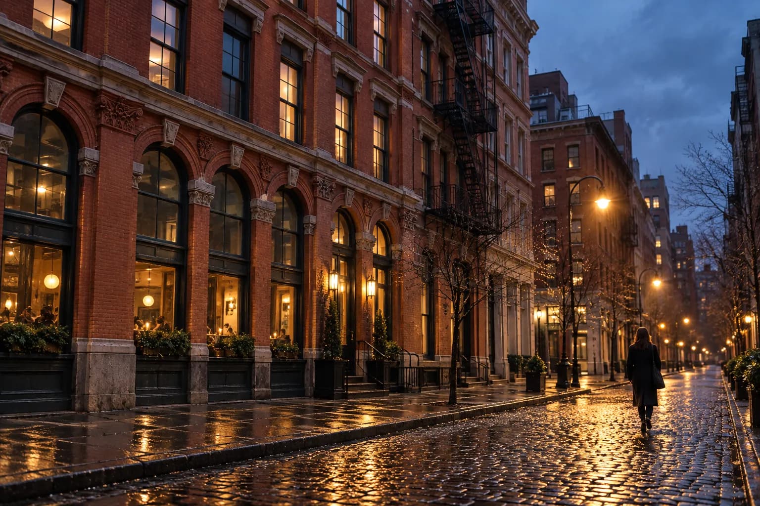 A quiet cobbled Tribeca street after rain in early evening, wet cobbles reflecting streetlight and one discreet restaurant frontage glowing mid-block