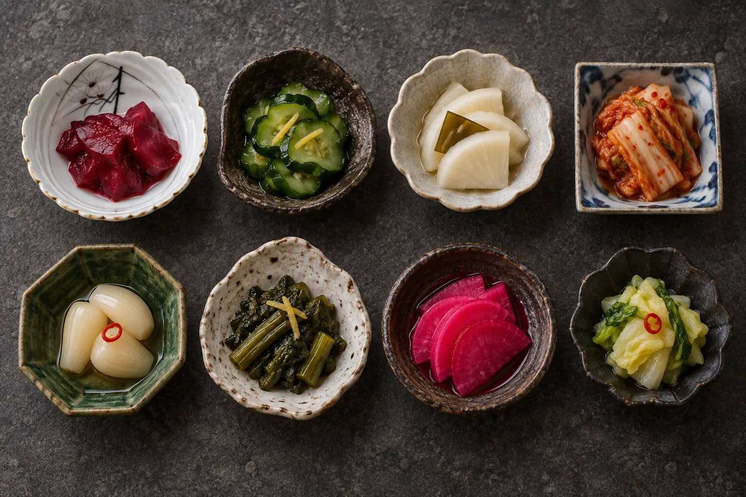 Overhead view of eight small dishes on dark stone, each holding a different precisely plated pickled or fermented Korean preparation
