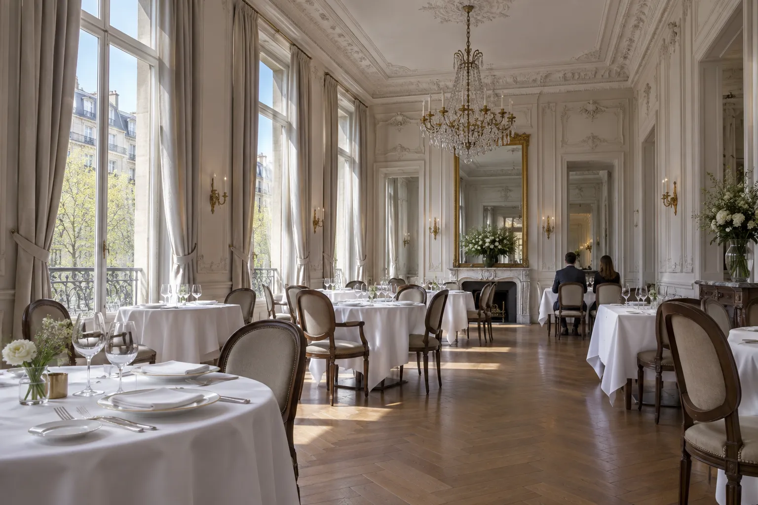 A tall French dining room at midday, cool daylight through very high windows falling on widely spaced tables set with white linen
