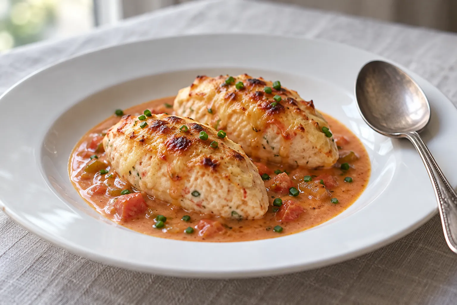 Two pale oval quenelles lightly gratinated in a thin pool of pink-orange shellfish sauce on a wide white plate set on pressed linen