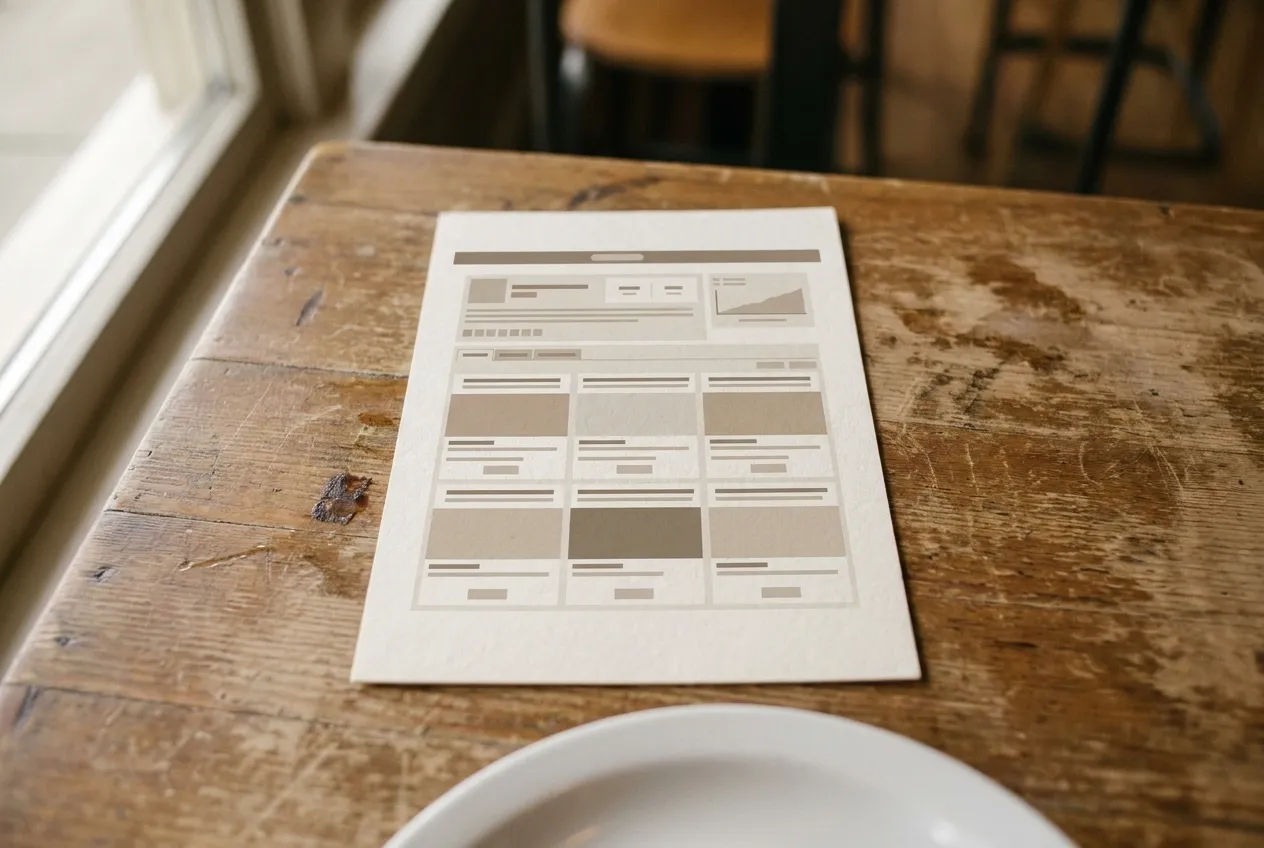Restaurant menu on wooden table with natural light in New York City
