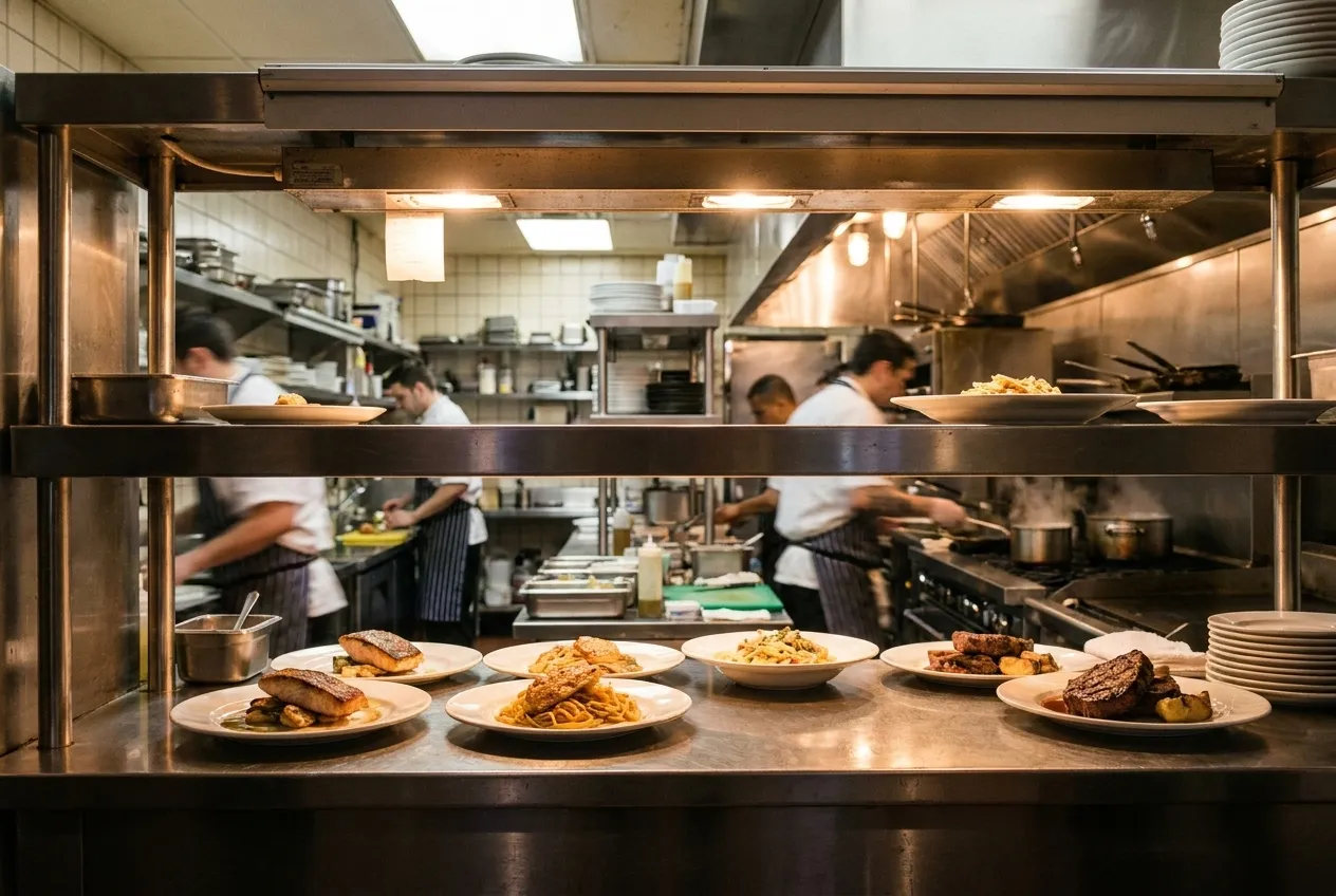 Kitchen pass window in a New York City restaurant during service