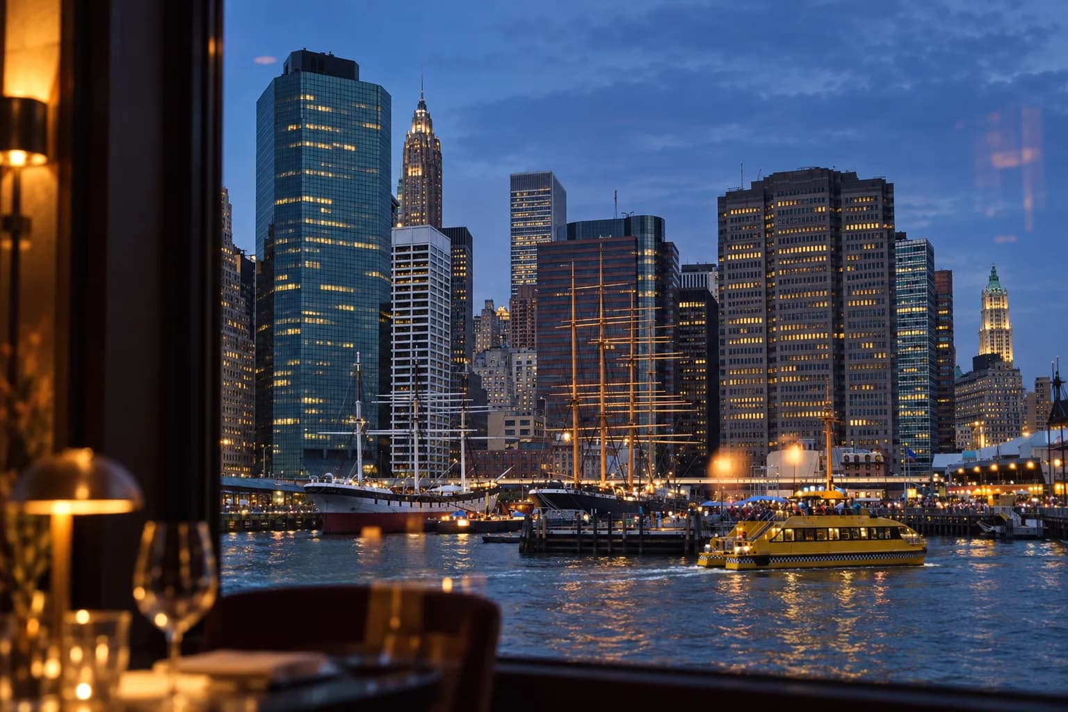 The Lower Manhattan skyline seen at blue hour from inside a high dining room, a dark window reveal framing the left of the view