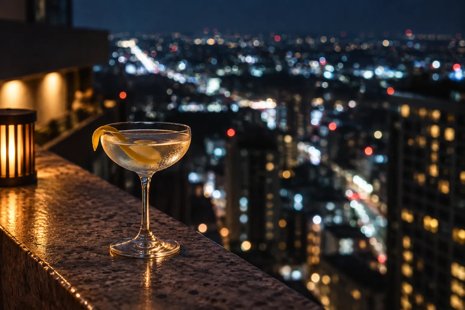 A coupe glass of a pale cocktail sharply focused on a stone terrace ledge with out-of-focus skyscraper lights falling away far below