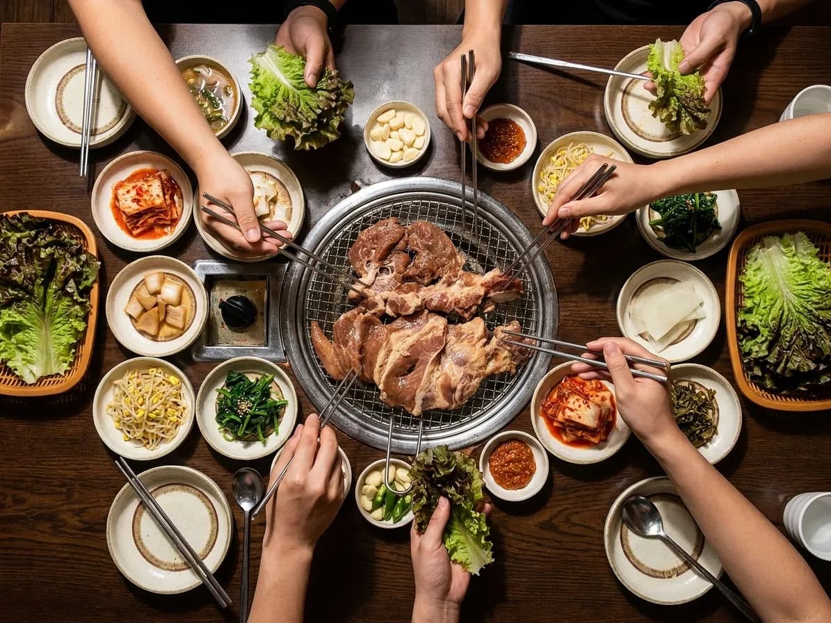 Overhead view of a shared Korean barbecue table with a charcoal grill, short rib, lettuce and many small side dishes, with hands reaching in from every side