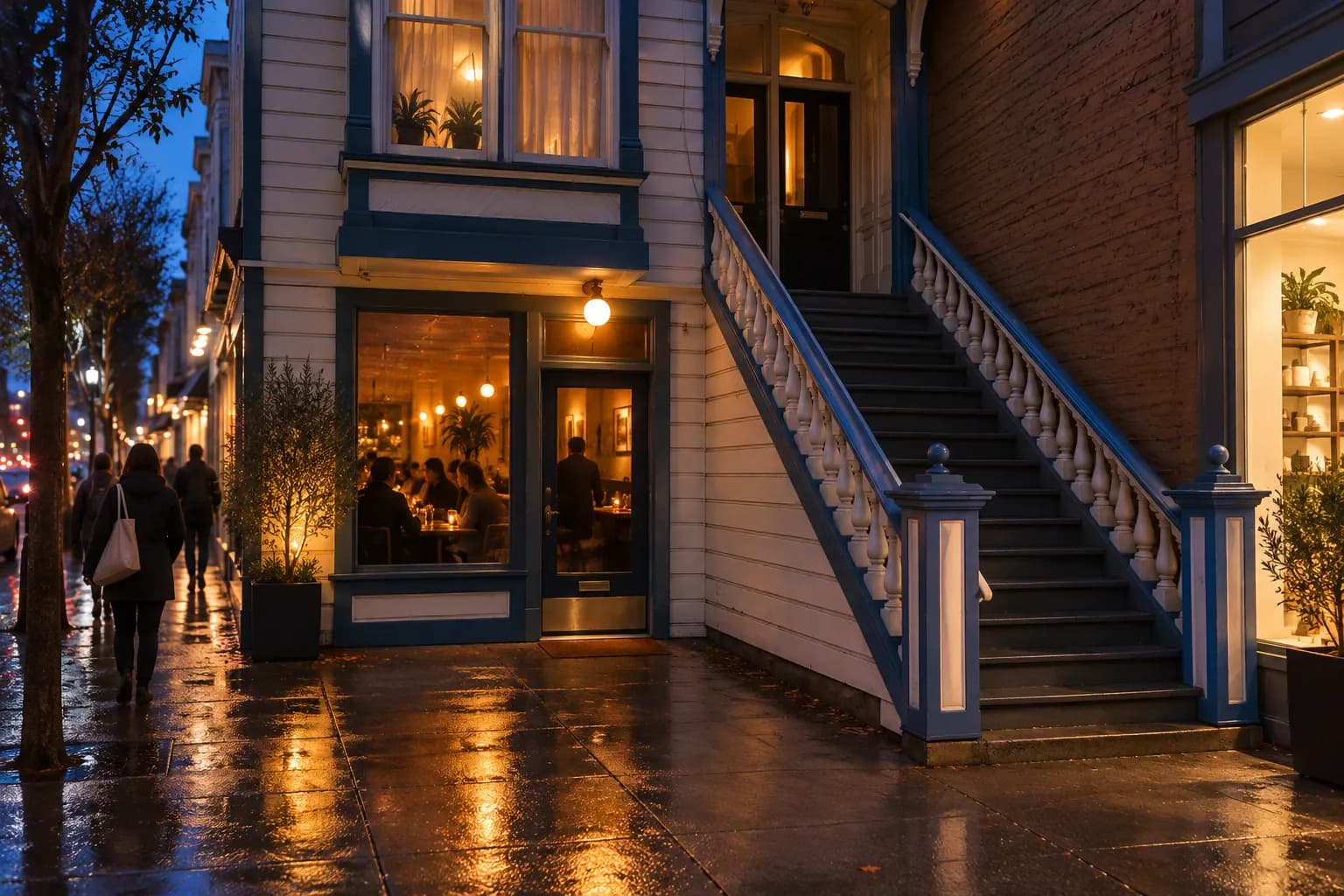 A discreet restaurant frontage with a single warm light on a low-rise San Francisco street in the blue half hour after sunset