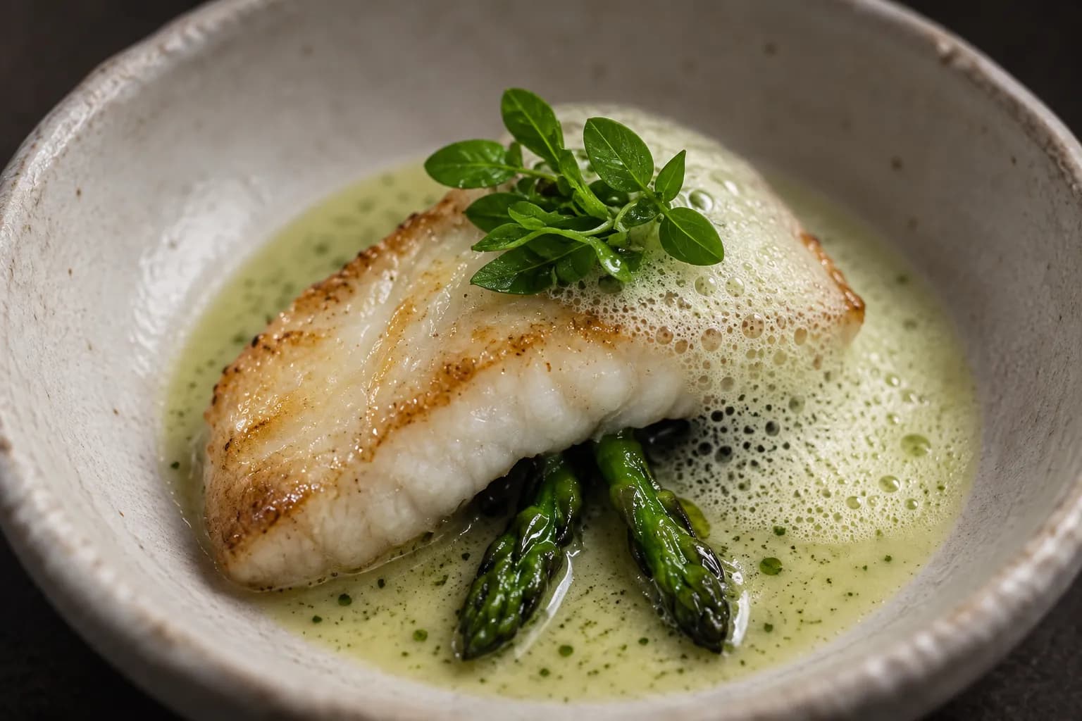 A macro of one piece of barely-cooked shellfish in a shallow pool of pale green herb emulsion with light foam and two sea vegetables on pale ceramic