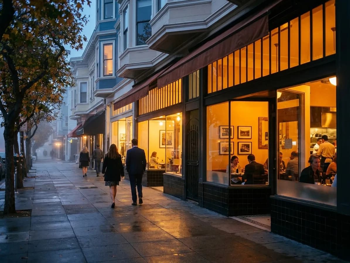 A San Francisco commercial street at blue hour, low Victorian storefronts with glowing restaurant windows and couples walking toward dinner