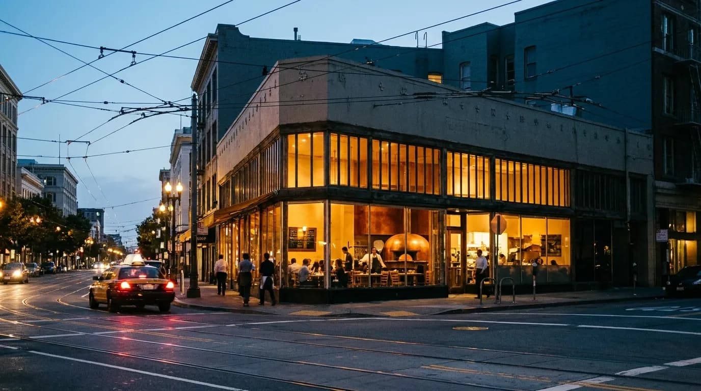 A wedge-shaped corner restaurant glowing on Market Street in San Francisco at dusk