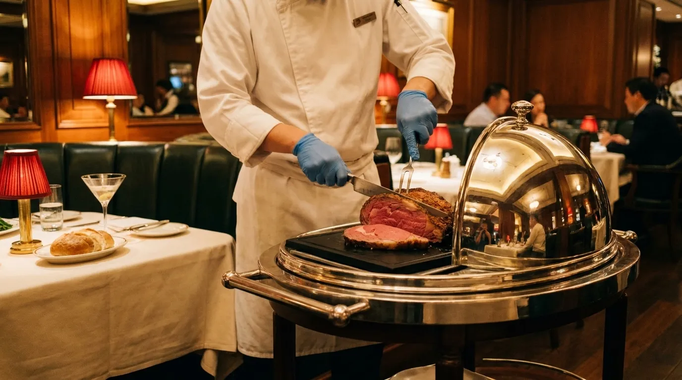 A silver-domed carving cart and rib roast being carved tableside in a wood-panelled San Francisco chophouse