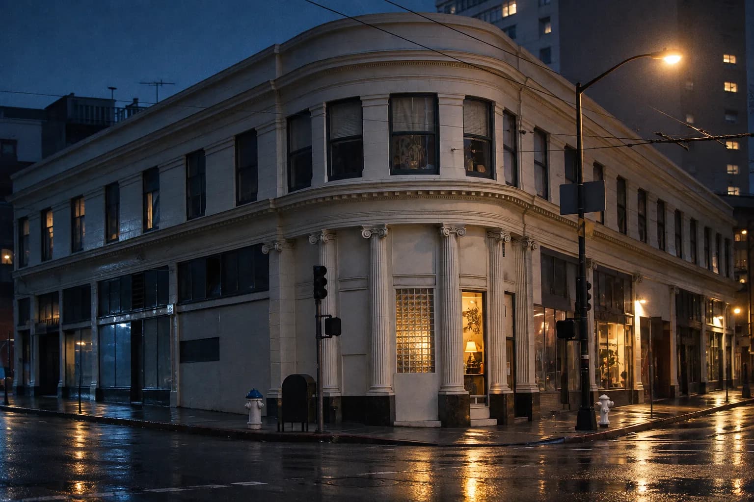 A nineteenth-century brick and cast-iron corner building on an empty San Francisco street at night, one warm doorway lit against wet asphalt