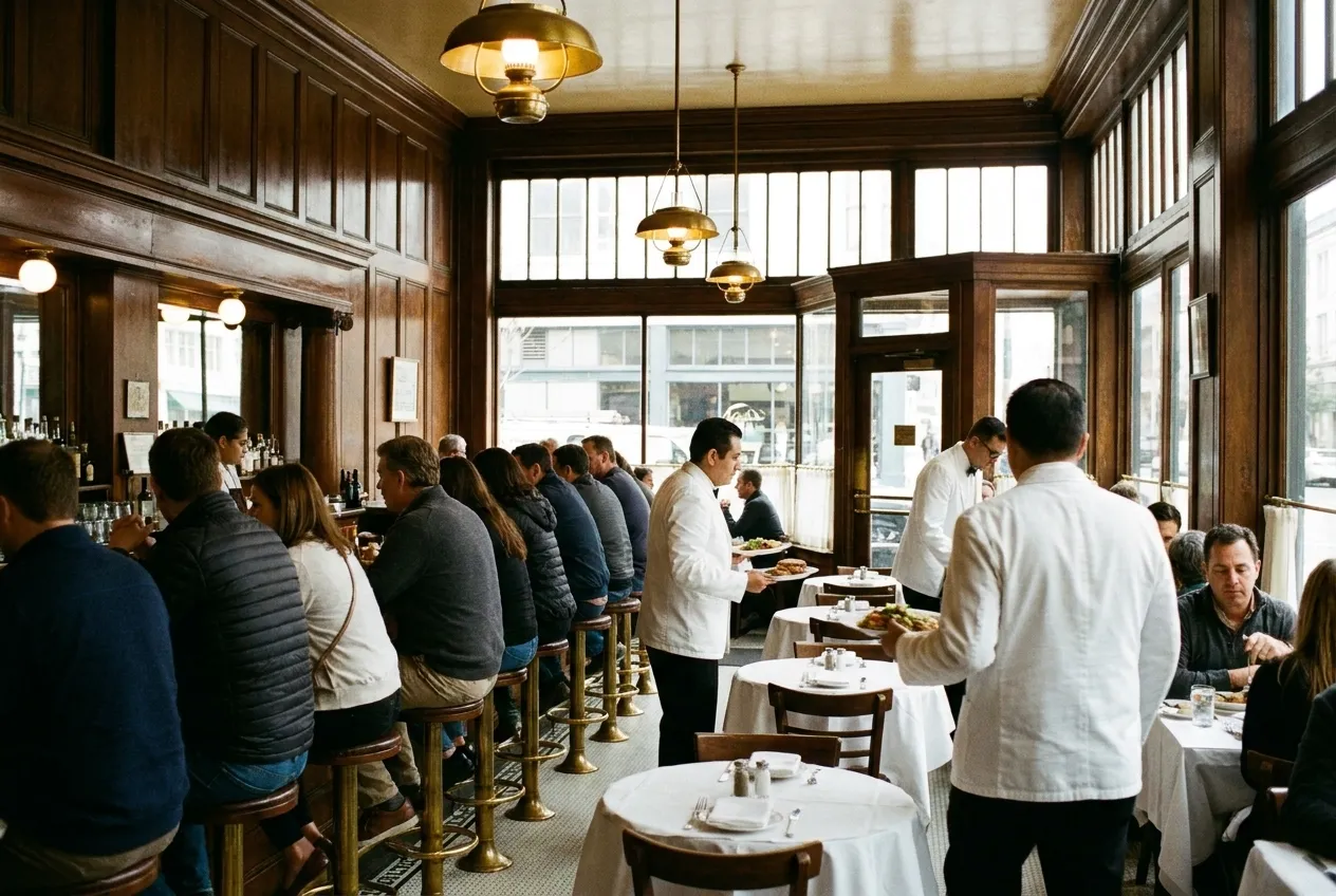 A wood-panelled dining room with white tablecloths and a long counter