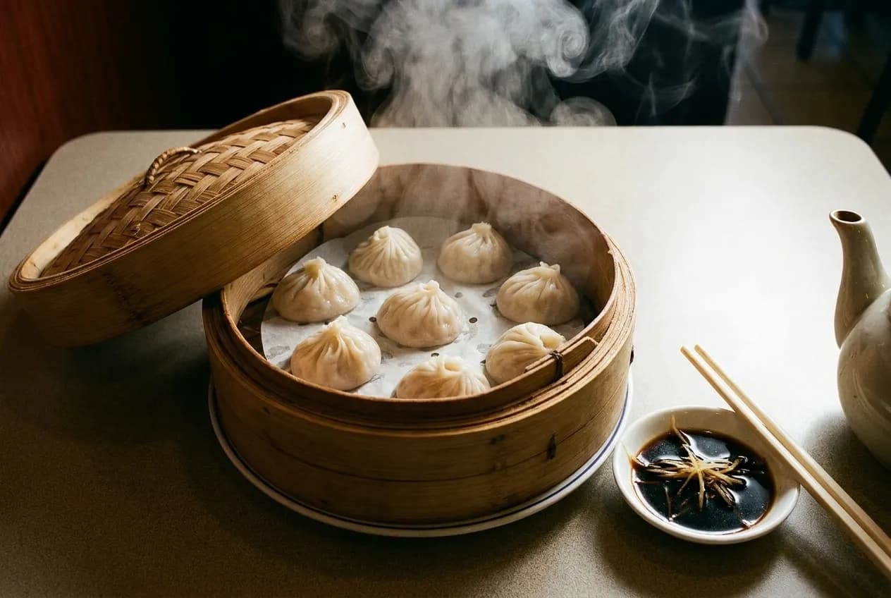A bamboo steamer of dumplings opened on a restaurant table