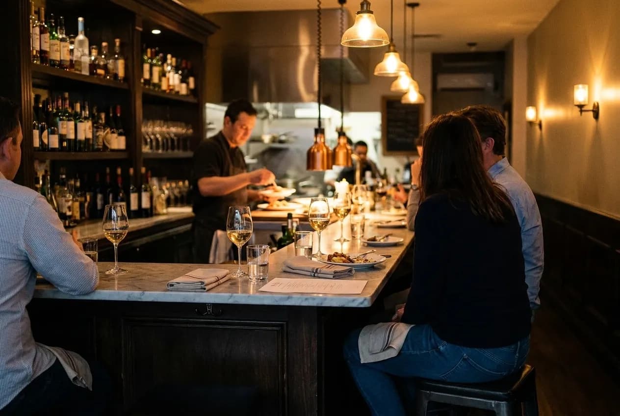 A restaurant bar counter set for dinner with warm light and stools filled
