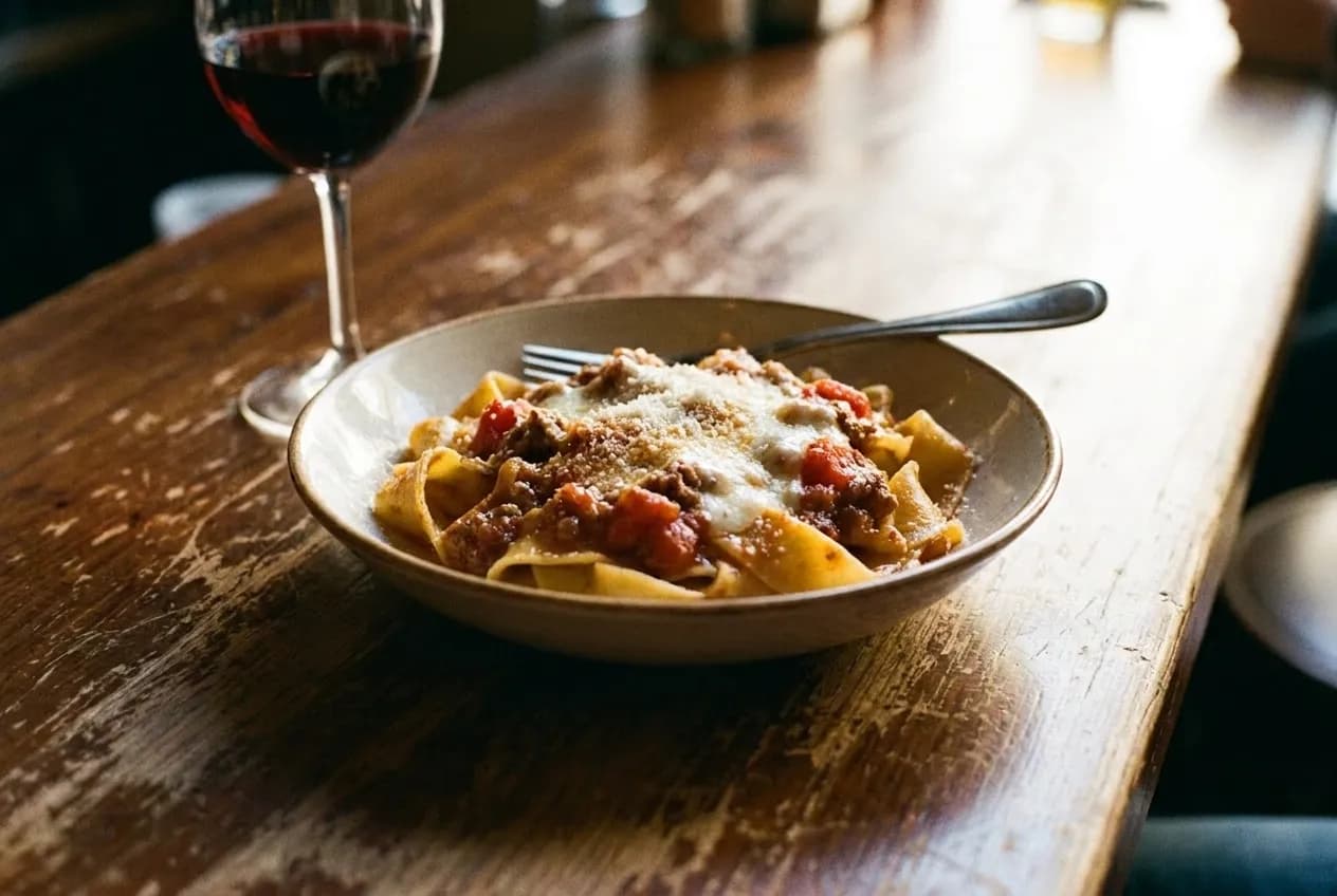 A single plate of hand-rolled pasta on a worn wooden restaurant table