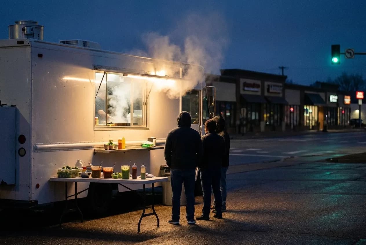 A taco truck lit up on a wide street at night with a small queue