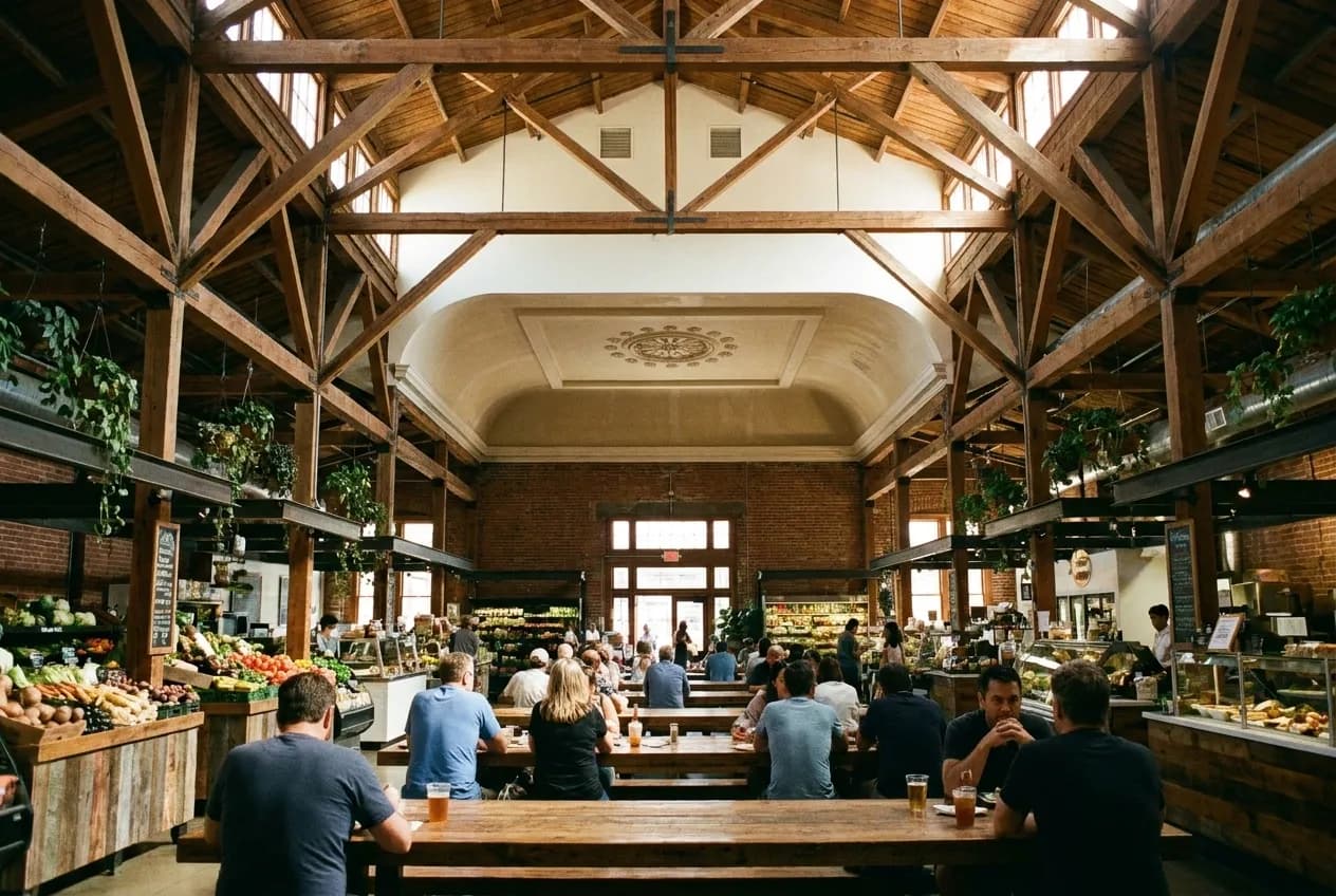 A daylit historic market hall with stalls and communal seating