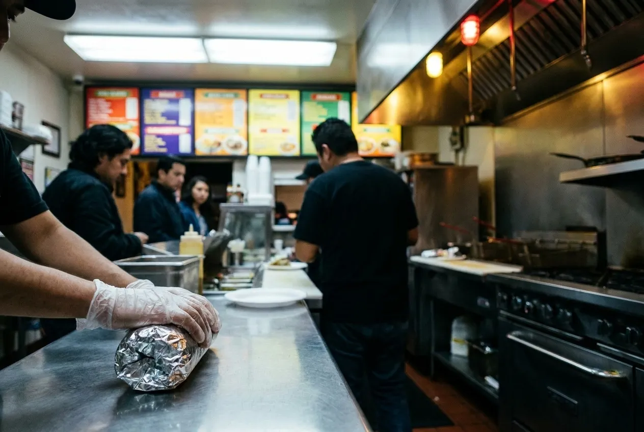 A burrito being wrapped at a busy taqueria counter late at night in San Francisco's Mission District
