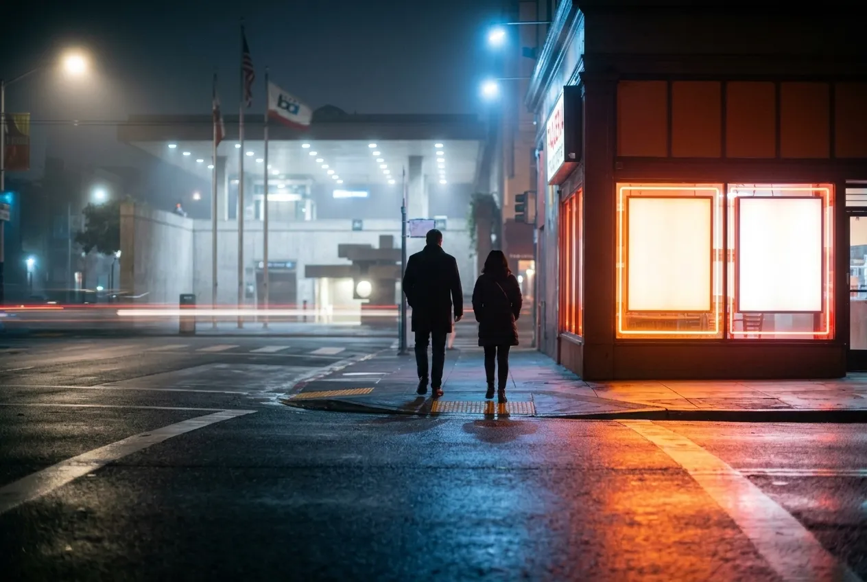 Pedestrians walking toward 24th Street BART station on Mission Street late at night in San Francisco