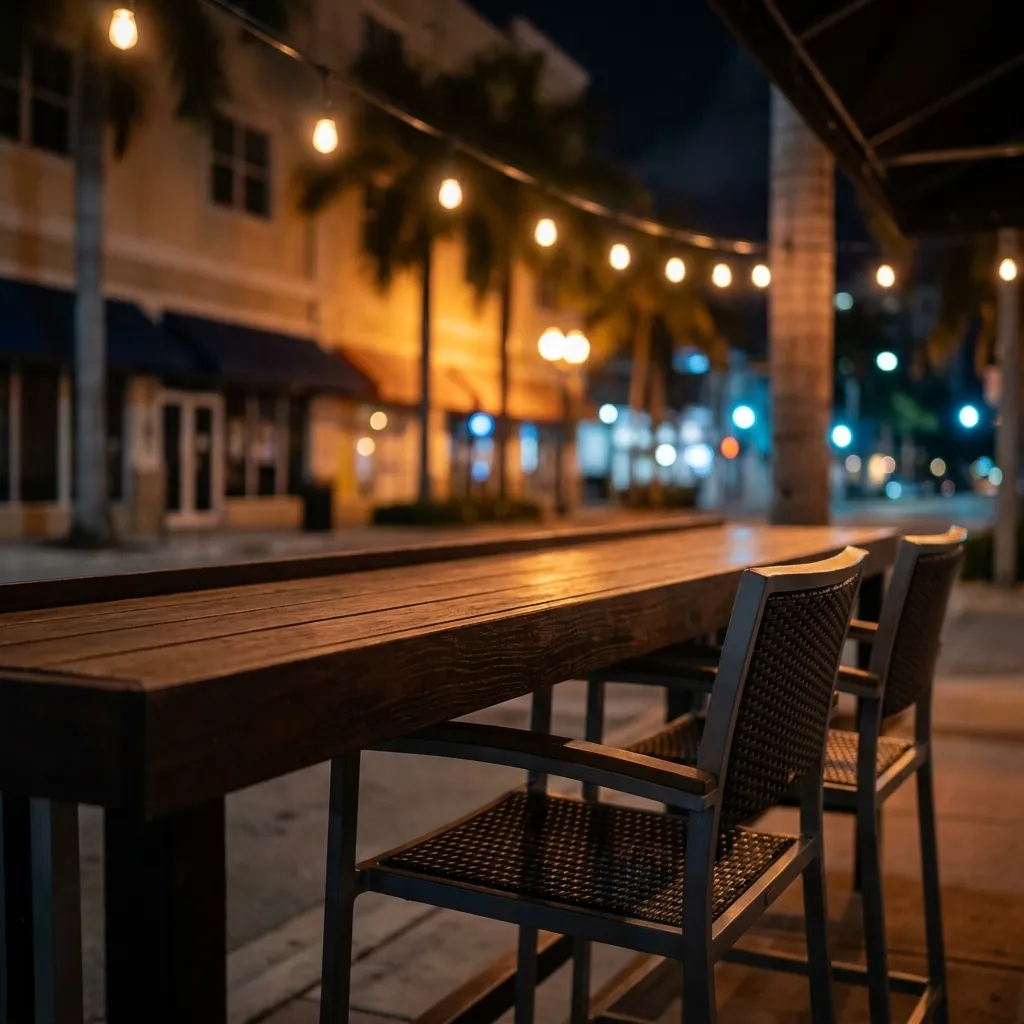 Empty outdoor bar table with string lights overhead in Miami at night