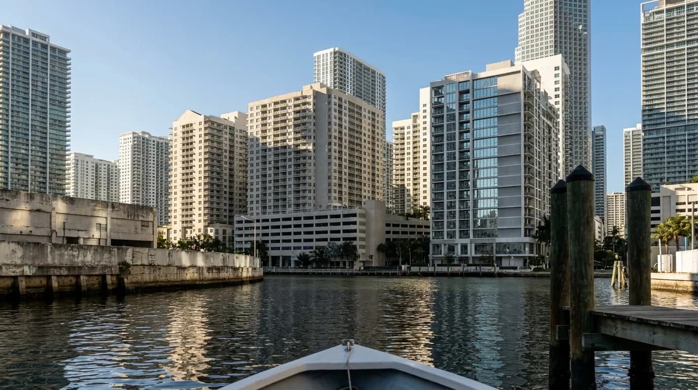 View from the Miami River toward downtown Miami towers in afternoon light