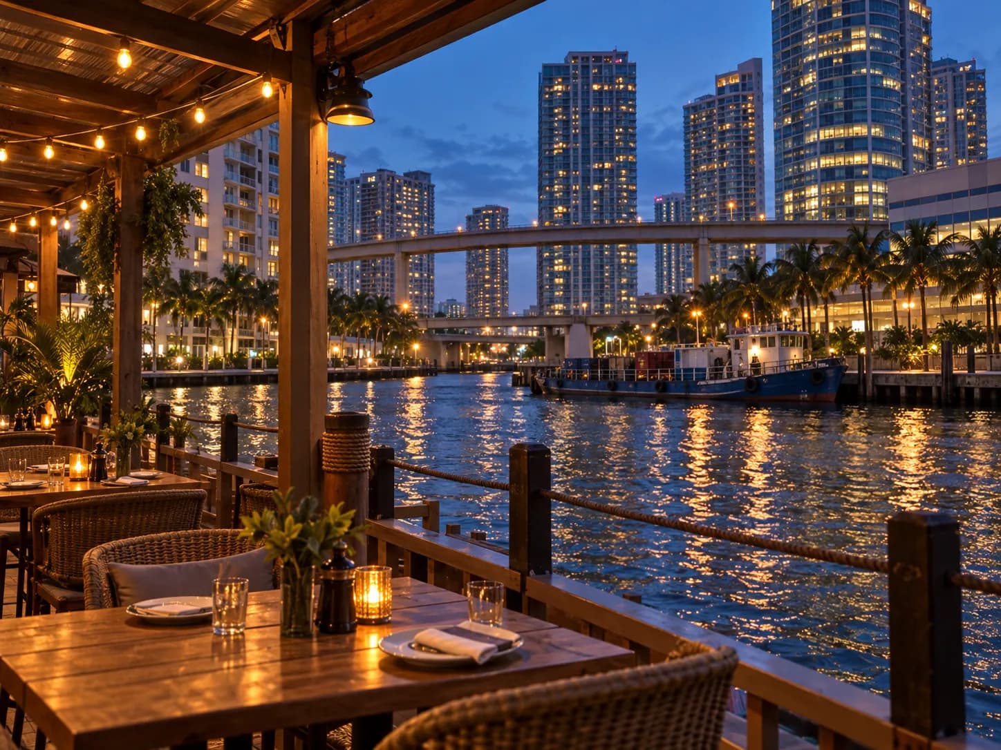 An outdoor restaurant deck on a working river at dusk, with a cargo boat tied up and downtown towers behind