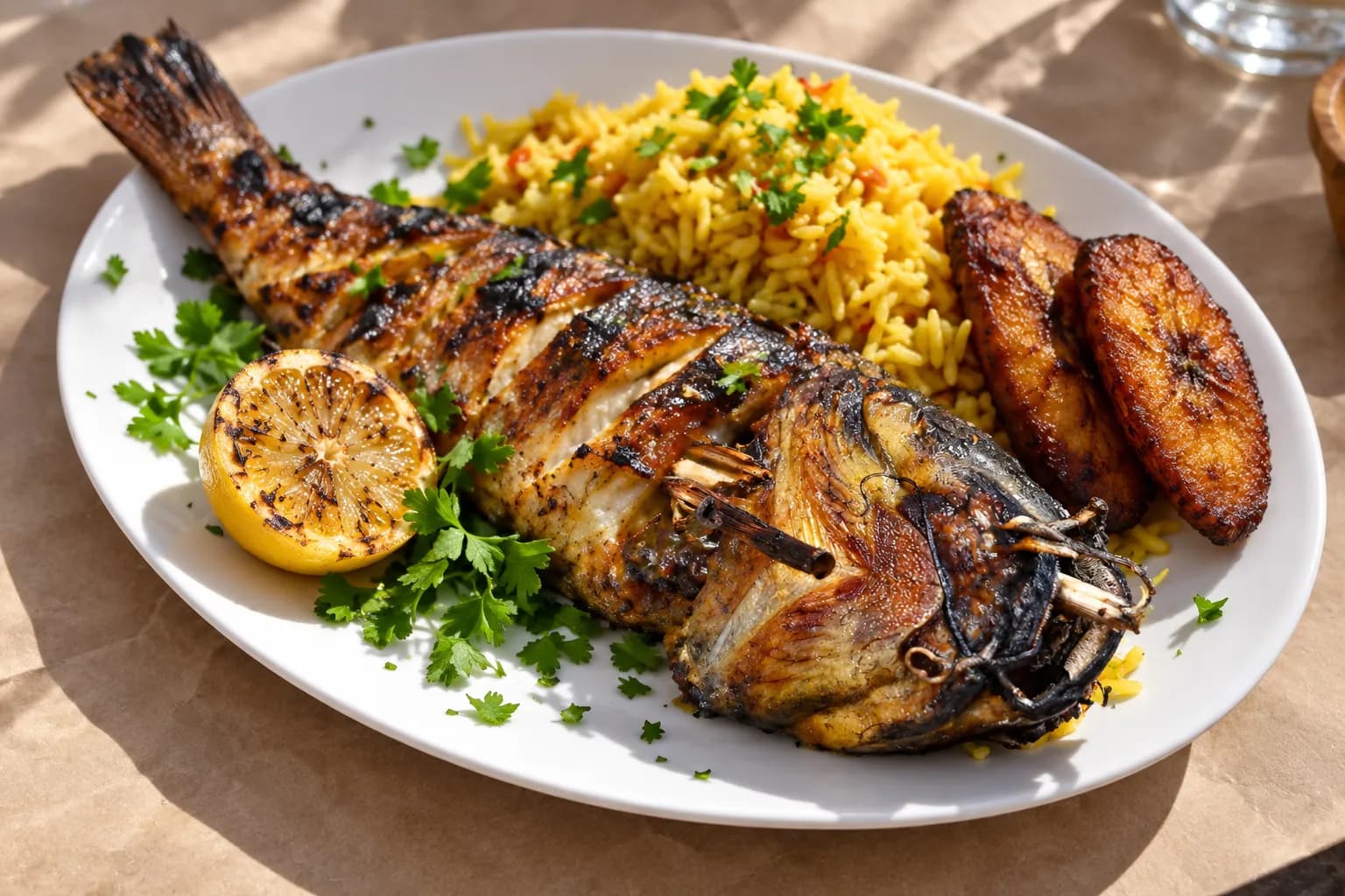 A whole grilled fish on a white plate with lemon, yellow rice and fried plantain