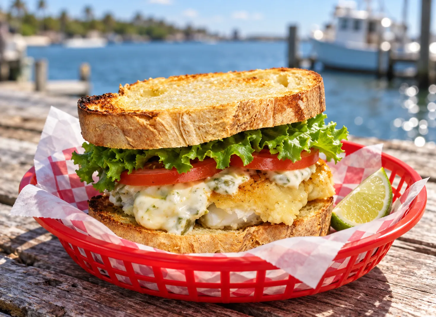 A grilled fish sandwich on a soft bun with lettuce and tomato, on a paper-lined basket beside a river view