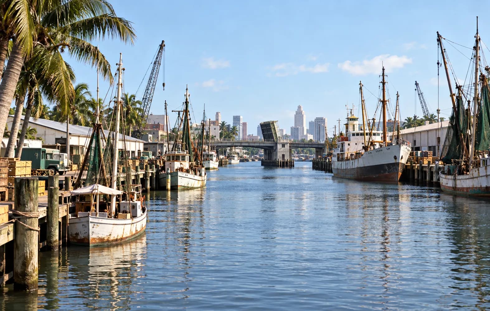 A working river lined with docks, small freighters and low warehouses under a bright sky