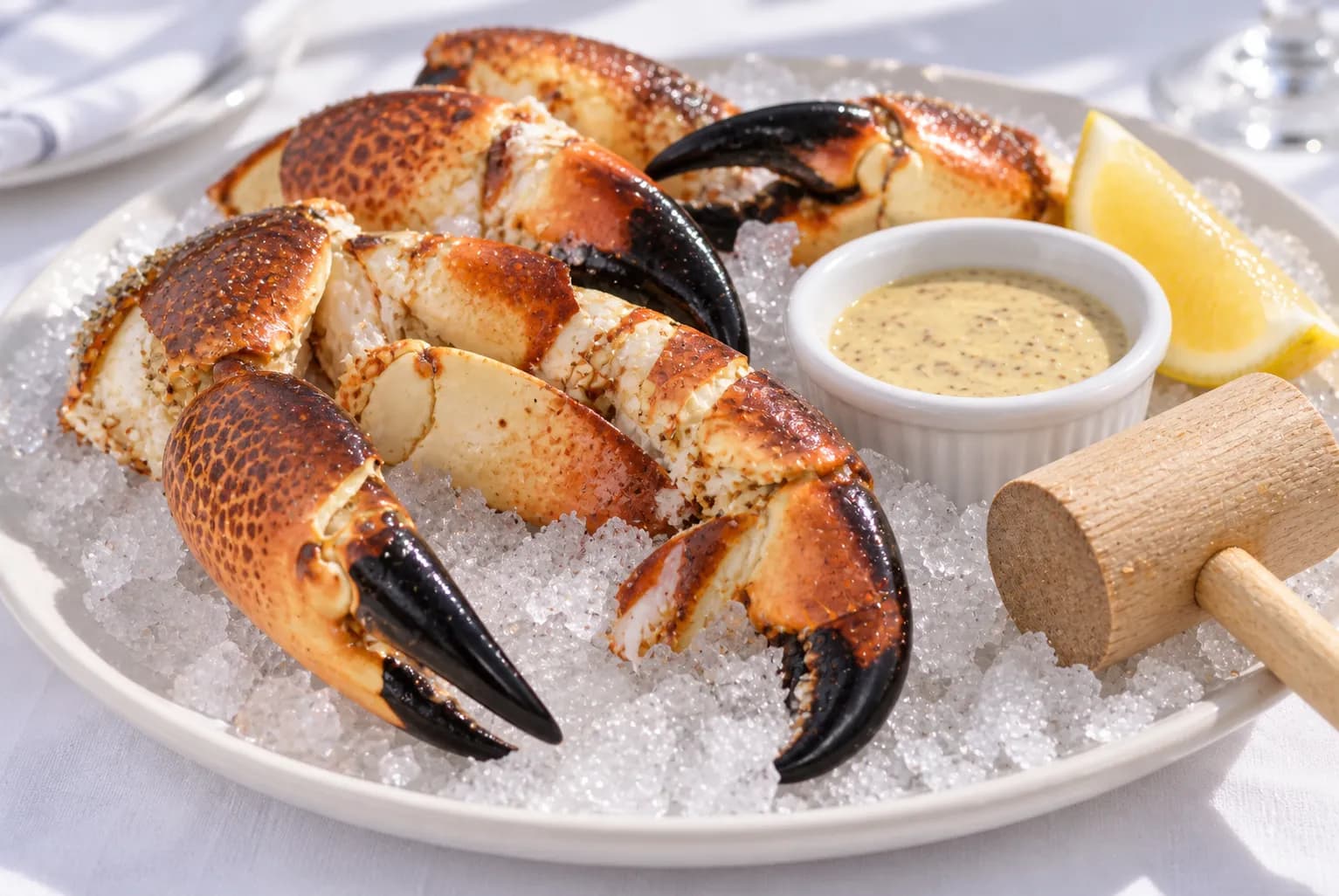 Cracked stone crab claws with black tips arranged on crushed ice with a mallet and mustard sauce