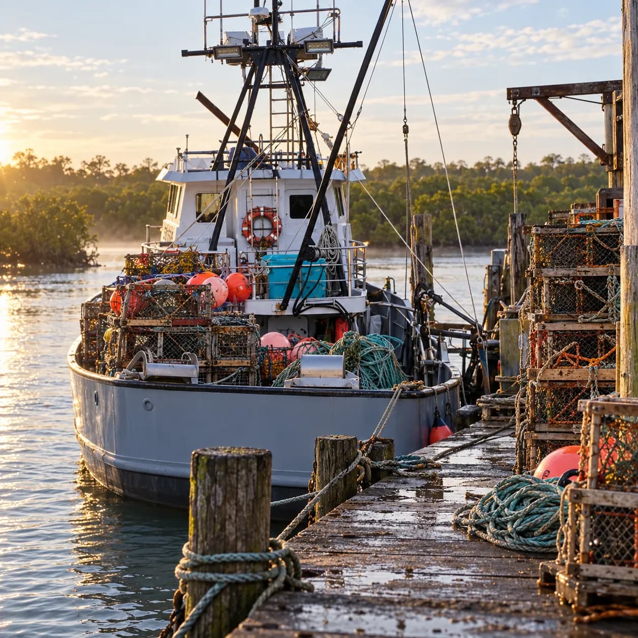A commercial fishing boat tied at a working dock with stacked crab traps on the deck