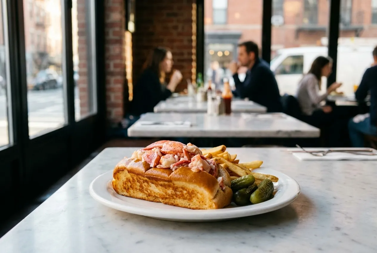 A lobster roll with chunky claw meat on a buttered bun served with fries and pickles on a restaurant table.