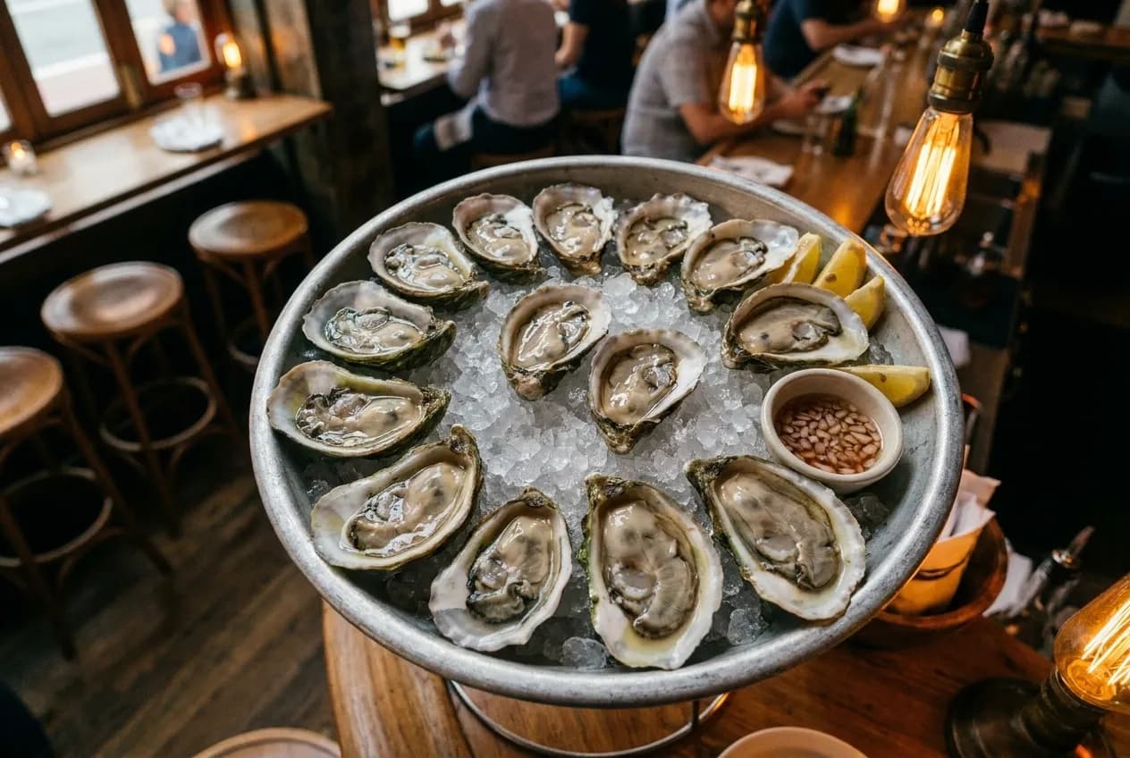 A platter of raw oysters on ice with lemon wedges in a dimly lit restaurant setting.