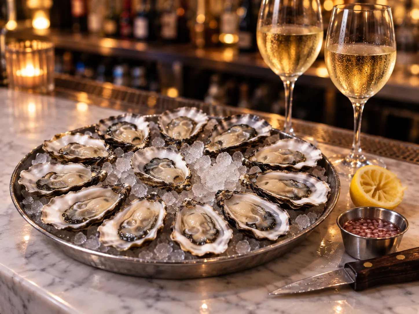 A dozen oysters on ice in front of a marble bar, with two glasses of white wine and a squeezed lemon half