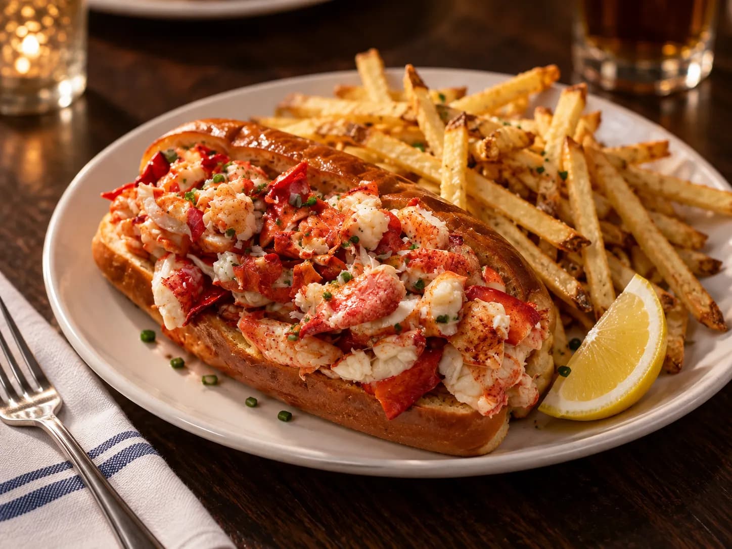 A lobster roll on a toasted brioche bun with visible chunks of meat, on a plate with fries