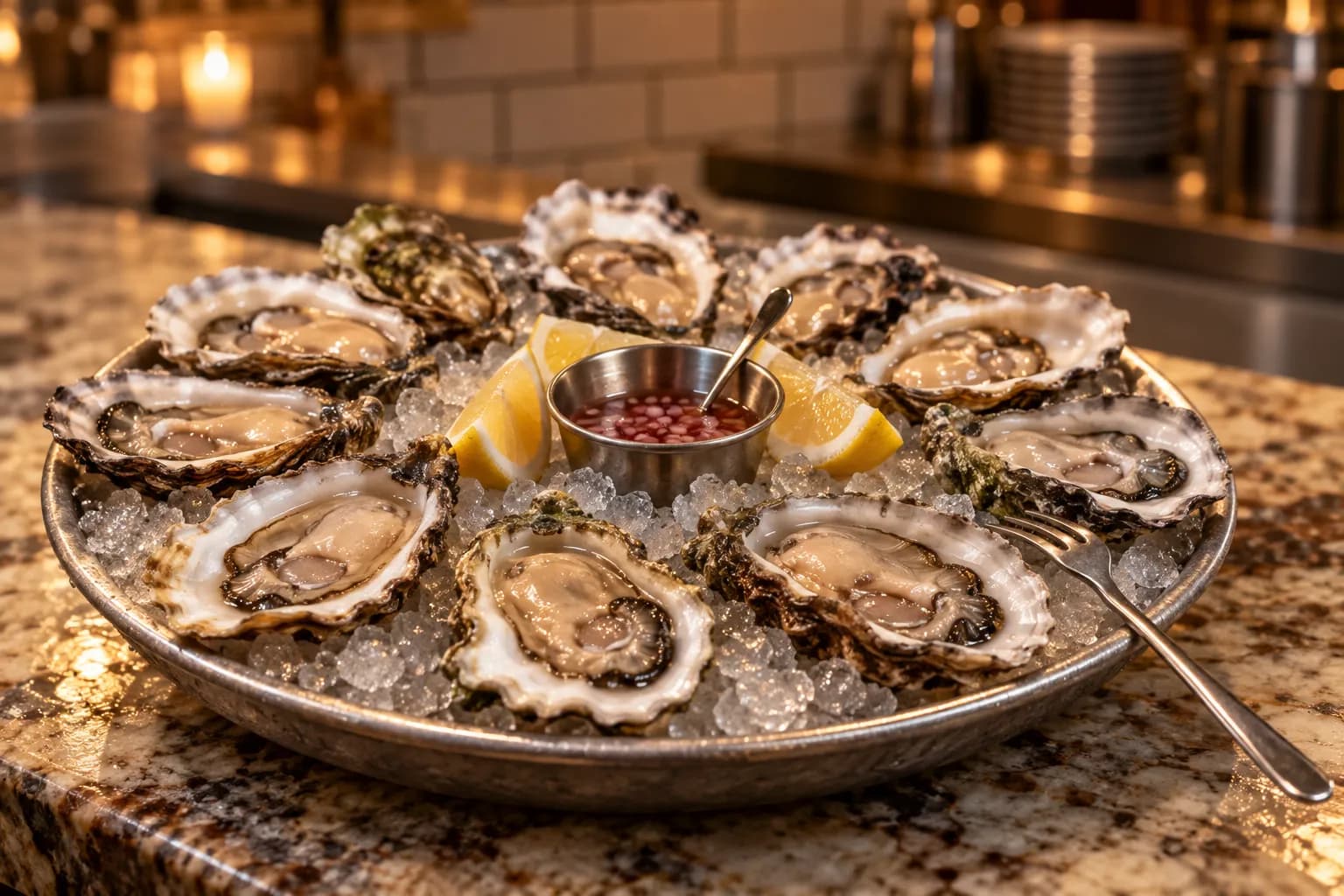 A tray of raw oysters on crushed ice with lemon wedges and a small dish of mignonette, on a marble counter
