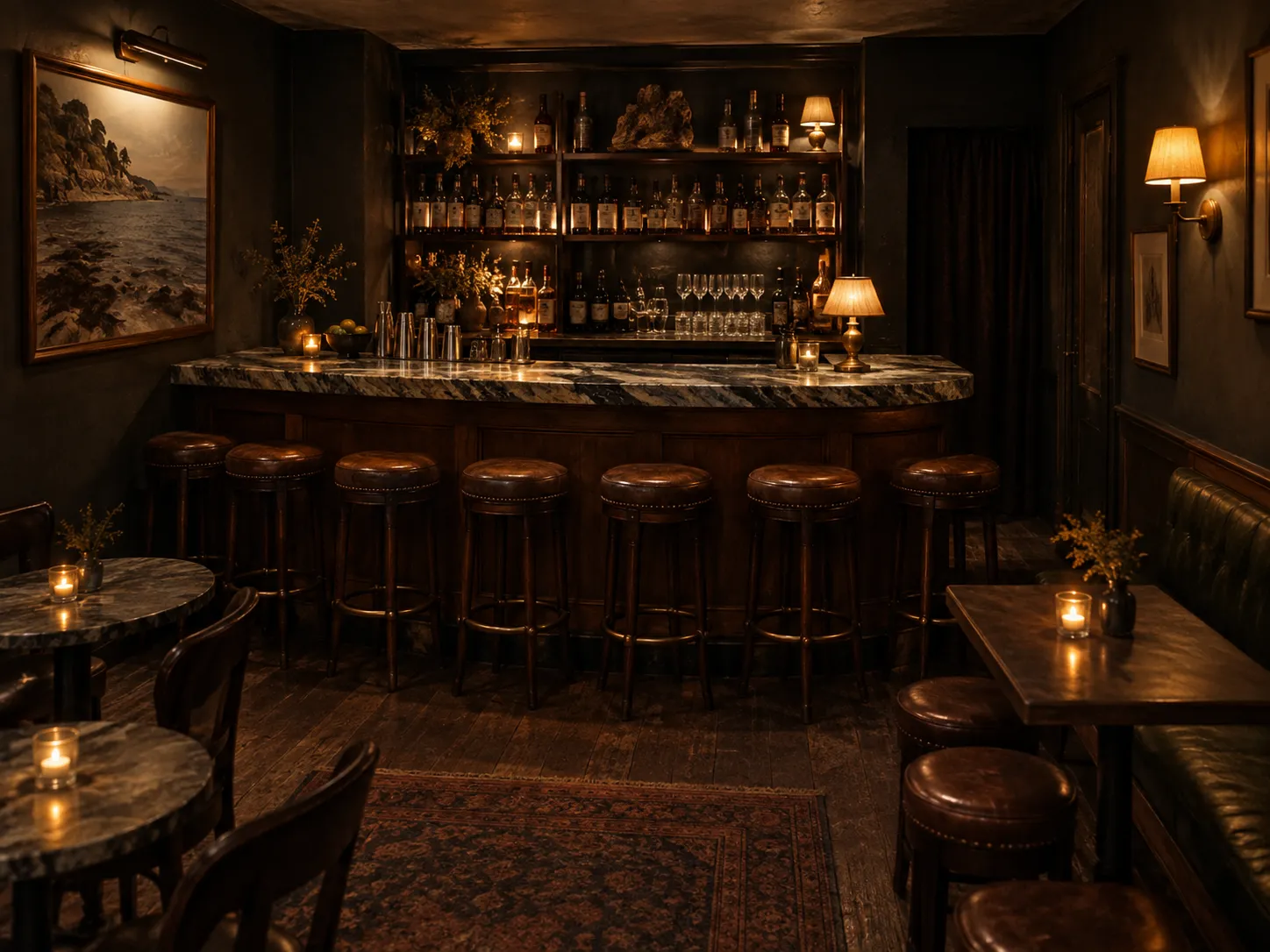 A very small dimly lit bar room with a short marble counter, a handful of stools and bottles on a shelf