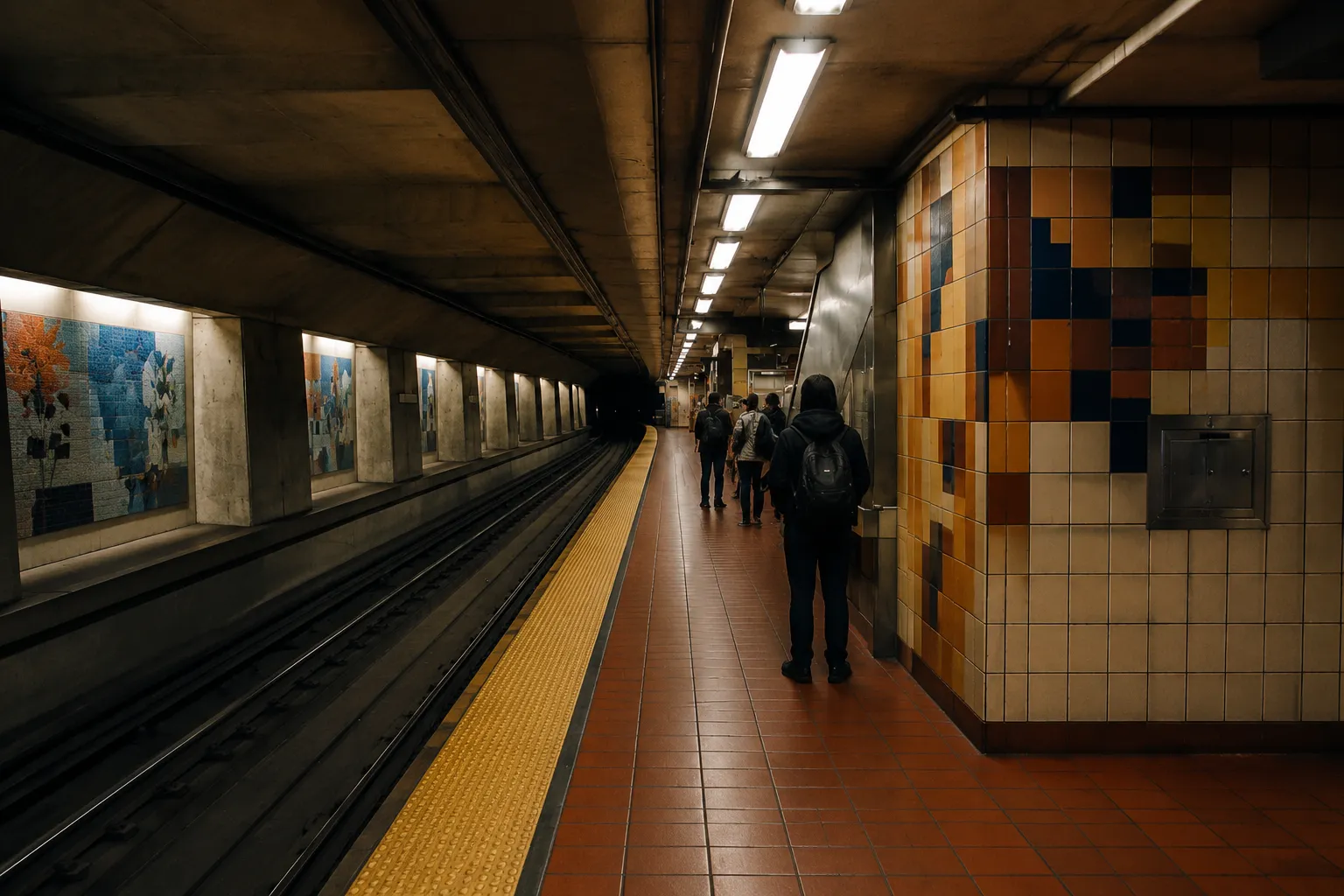 24th Street Mission BART platform with mosaic tile walls and waiting passengers