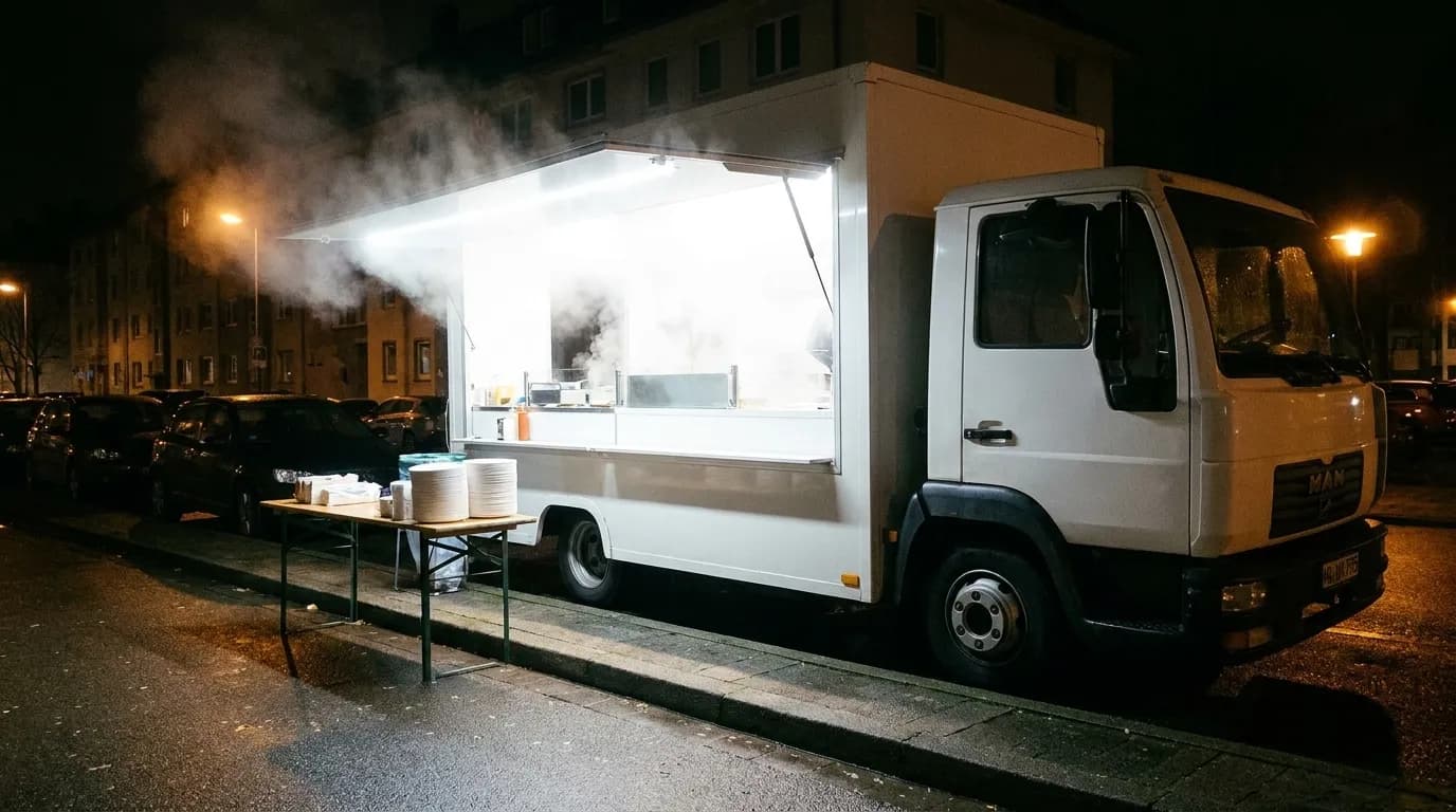 A plain white food truck at night with light spilling from the open serving hatch onto a dark pavement