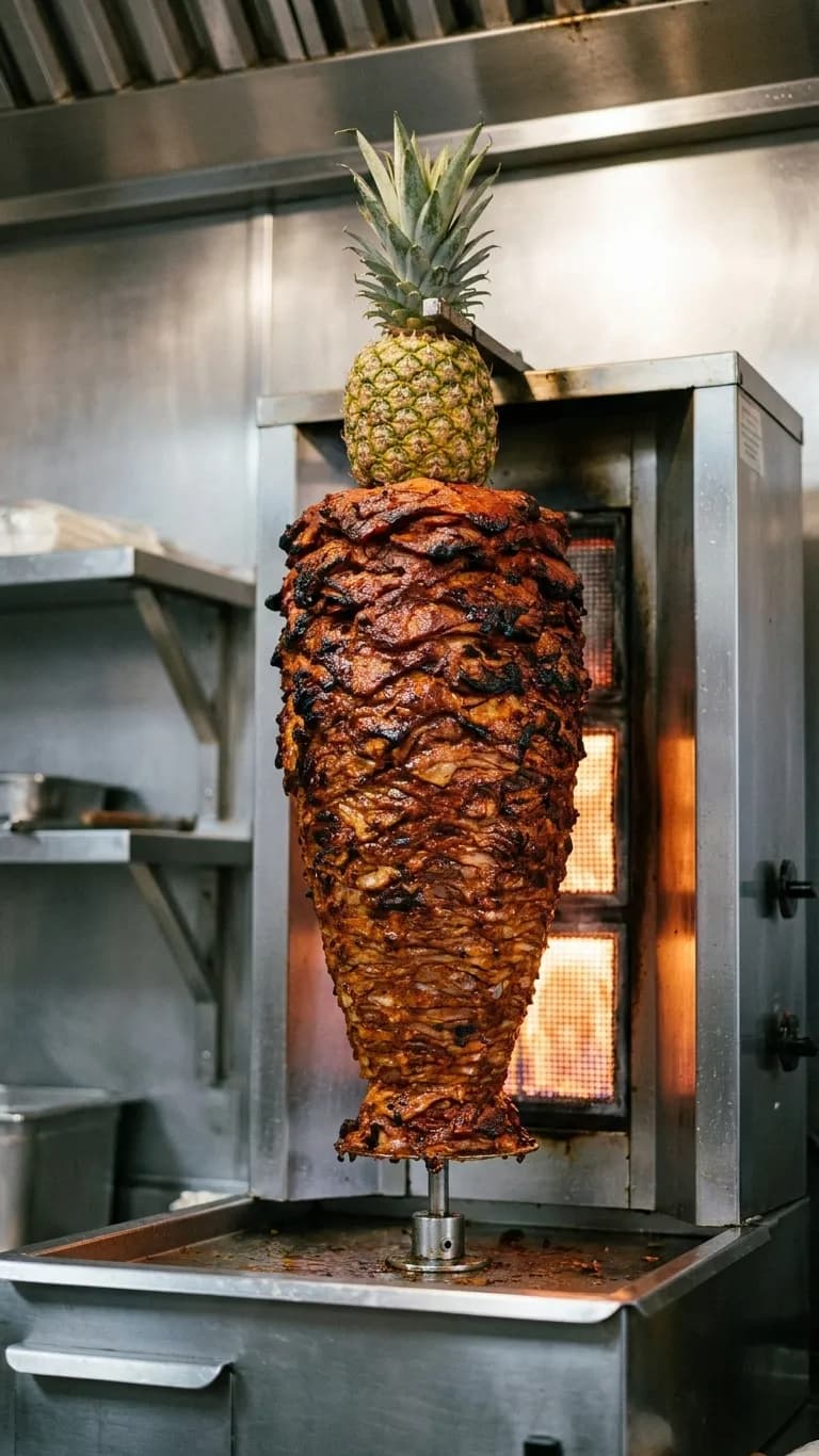 A vertical rotating spit of stacked marinated pork glowing under a truck light with a pineapple on top