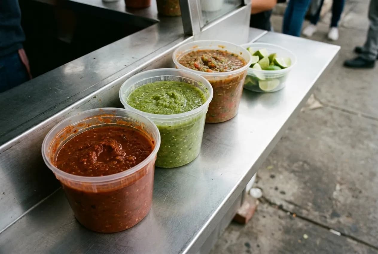 Close detail of a taco stand salsa bar with fresh red and green salsas in clear containers