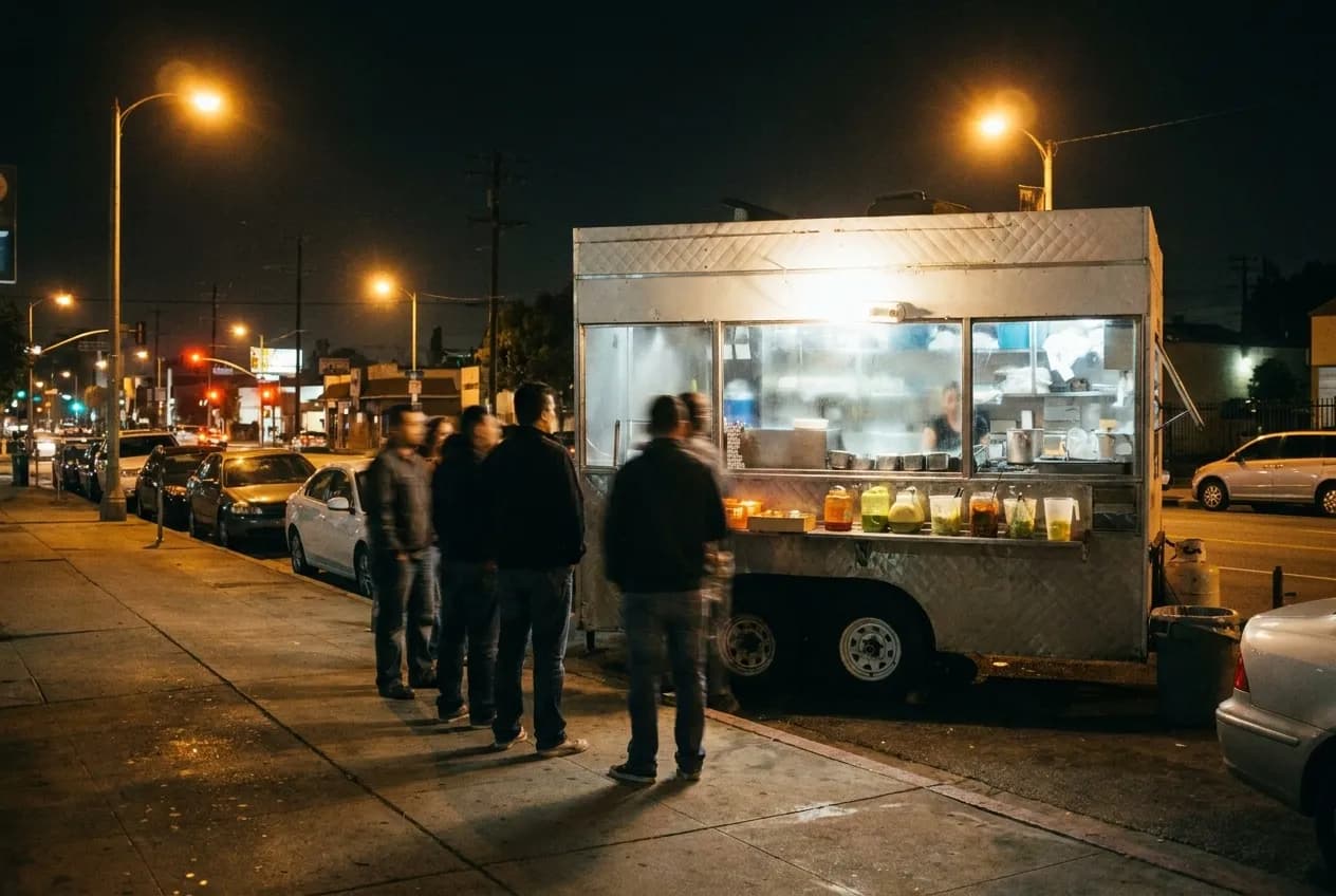 Taco truck with customers waiting in line on a Los Angeles street corner at night