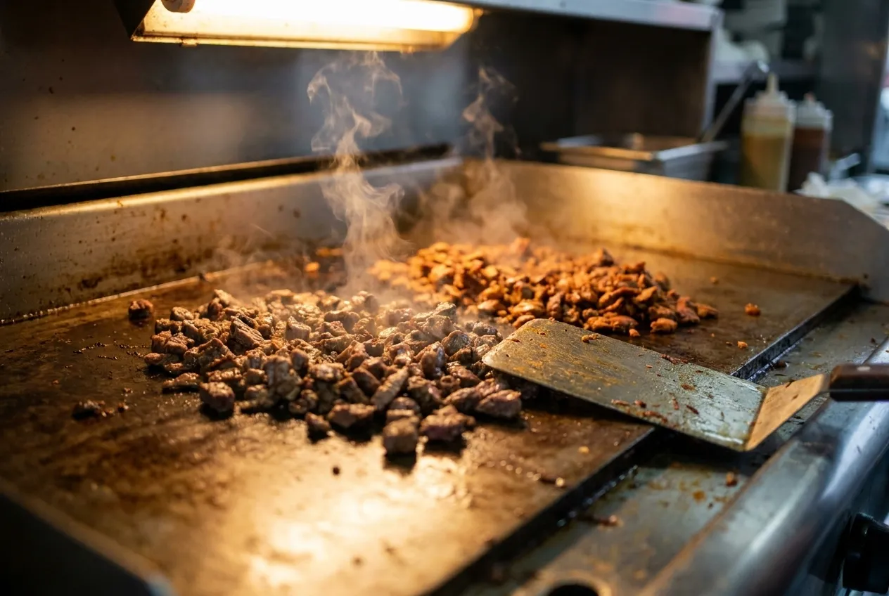 Close-up of meat cooking on a taco truck flat-top grill