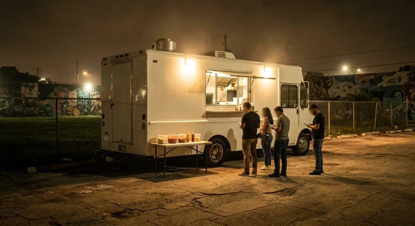 A taco truck with a glowing serving hatch parked at the edge of a Wynwood lot after midnight with a few people waiting
