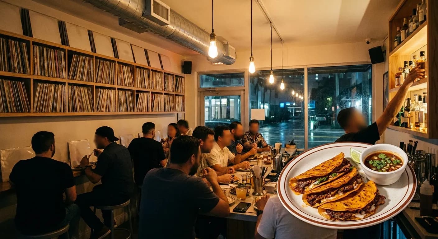 A narrow Brickell taqueria bar late at night with a record-stacked wall behind the counter and birria tacos in the foreground