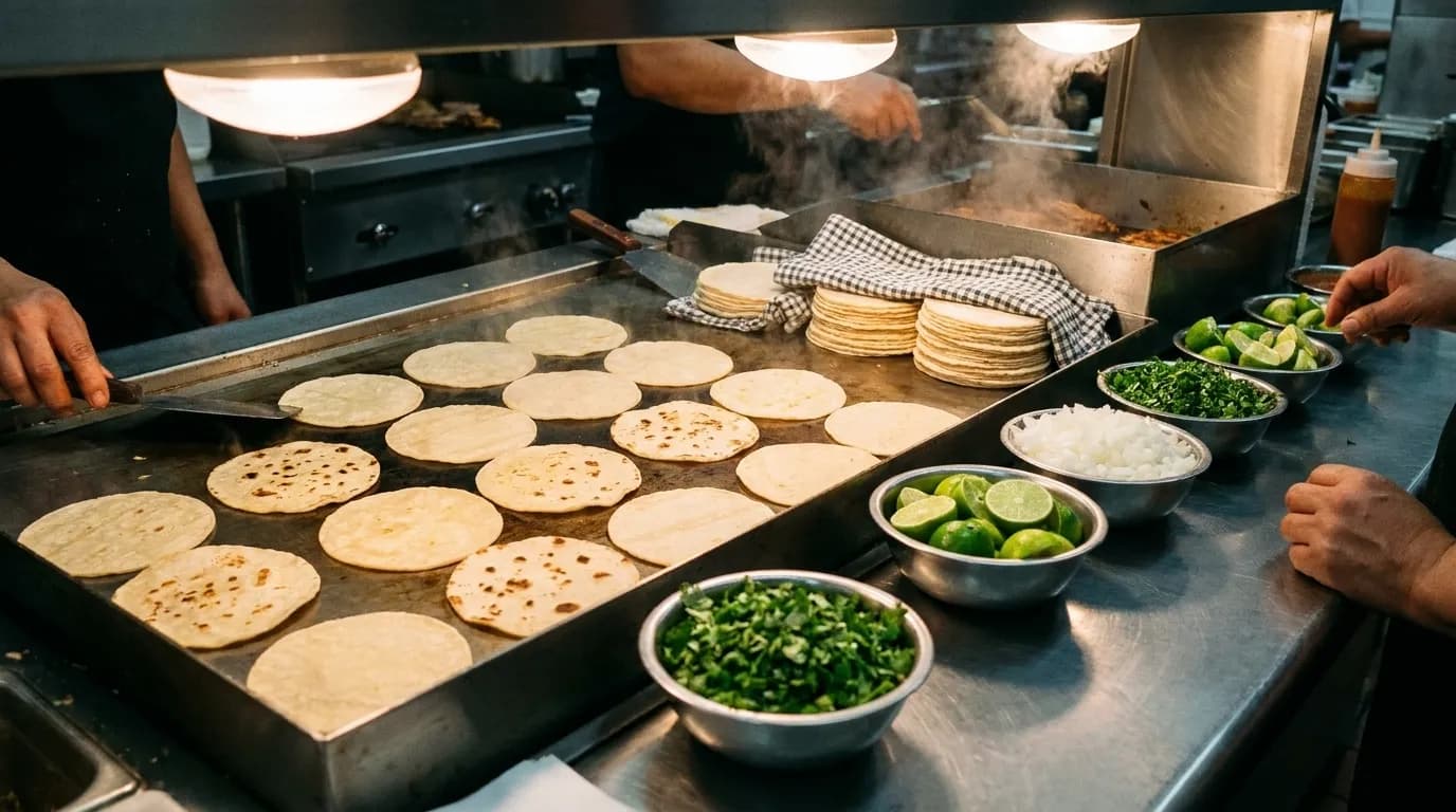 A taqueria counter with corn tortillas warming on a stainless griddle and bowls of chopped onion, coriander and lime