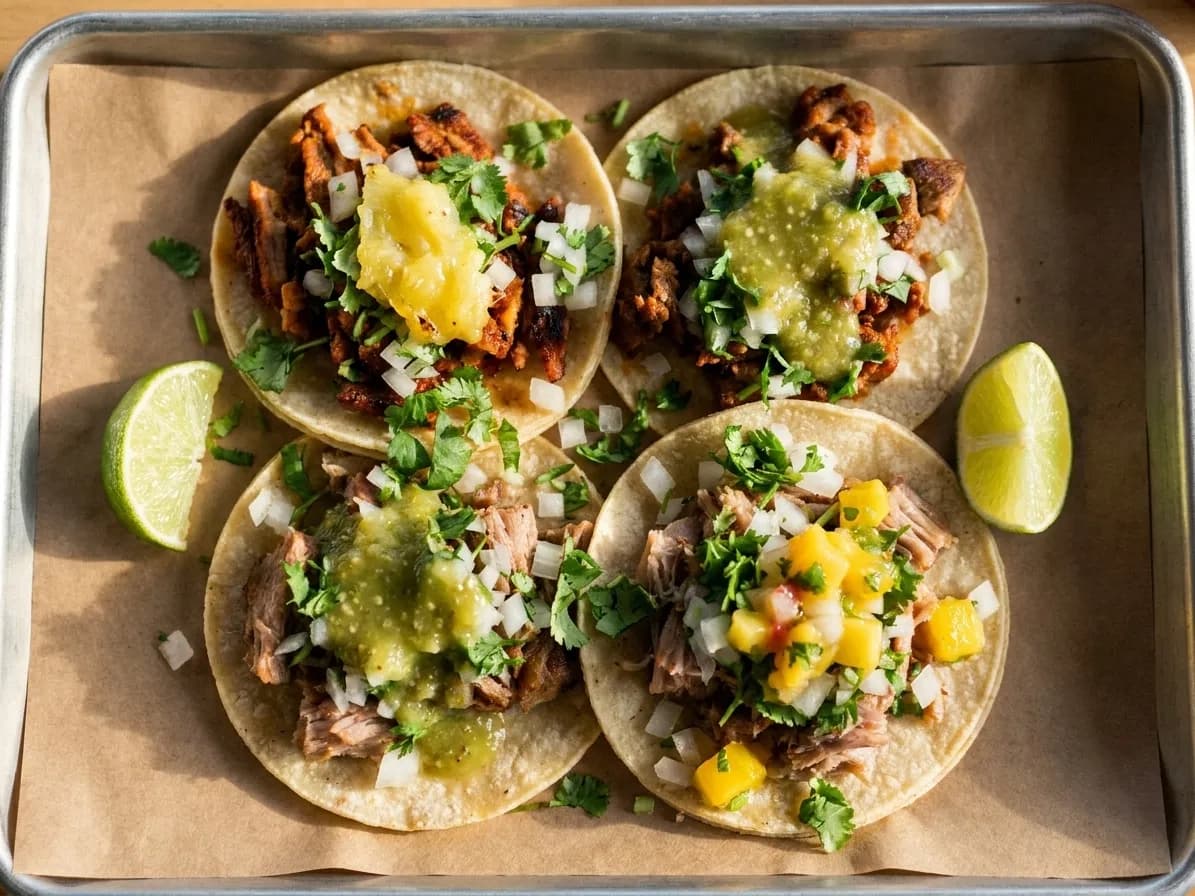 Three small tacos on a paper-lined tray with lime wedges and a scattering of chopped onion and coriander