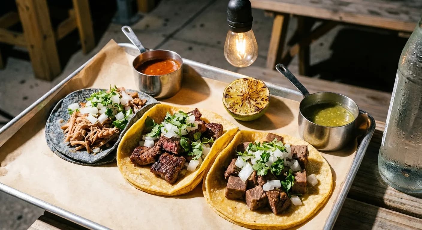 Four street tacos on a paper-lined metal tray under a bare bulb, blue and yellow heirloom corn tortillas topped with carnitas, skirt steak and lengua with onion, coriander and a charred lime