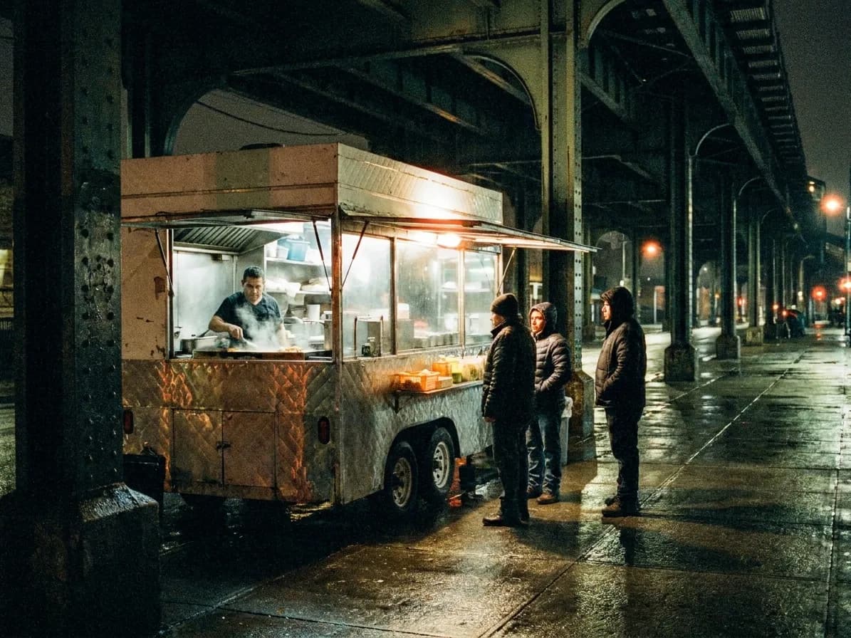 A taco truck's lit serving window under an elevated train line in Queens after midnight, steam off the plancha and three people waiting on wet pavement